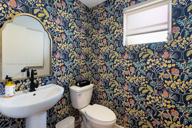 bathroom with a sink, toilet, and wallpapered walls