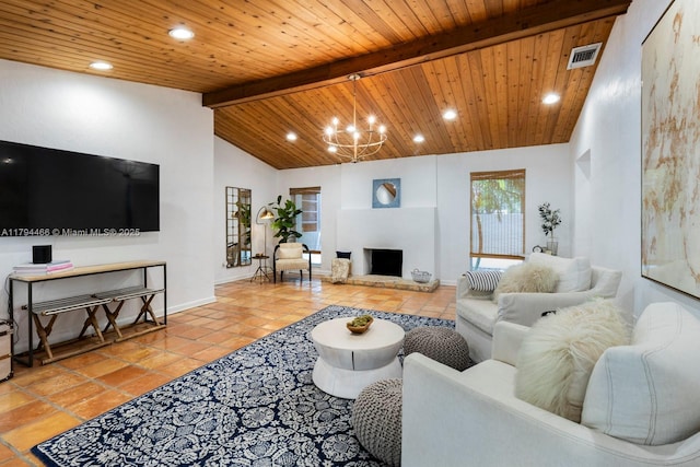 living area featuring visible vents, baseboards, recessed lighting, lofted ceiling with beams, and a notable chandelier
