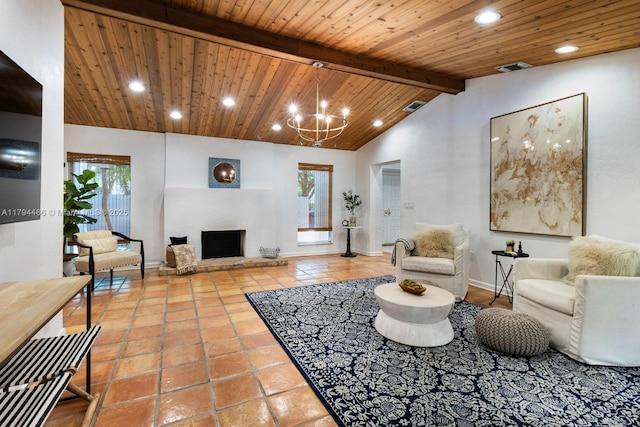 tiled living room featuring vaulted ceiling with beams, a fireplace with raised hearth, recessed lighting, and visible vents
