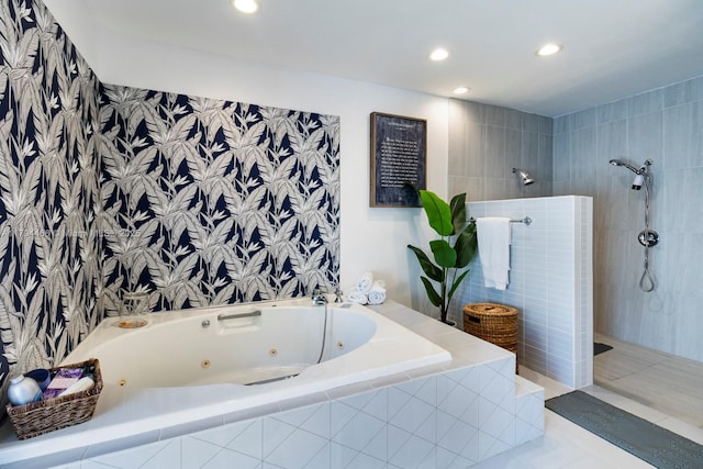 full bathroom with a walk in shower, recessed lighting, tile patterned flooring, and a jetted tub