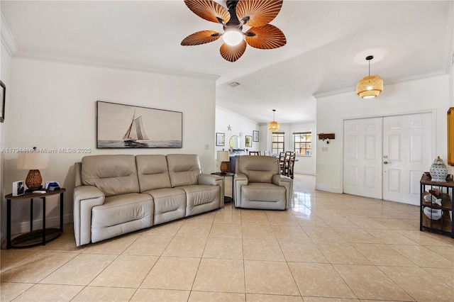 living area with ceiling fan, visible vents, light tile patterned floors, vaulted ceiling, and ornamental molding