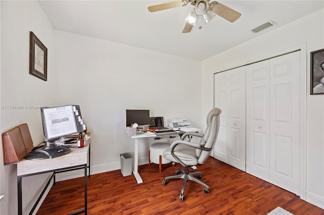 office with visible vents, a ceiling fan, baseboards, and wood finished floors
