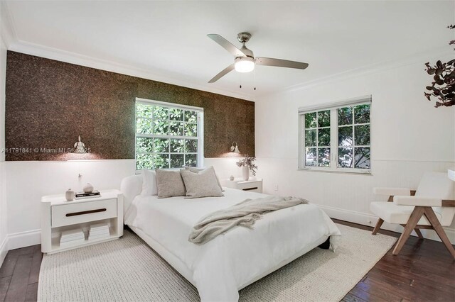 1161 Sunset Dr, Coral Gables, FL 33143 - bedroom featuring crown molding, wood-type flooring, and ceiling fan