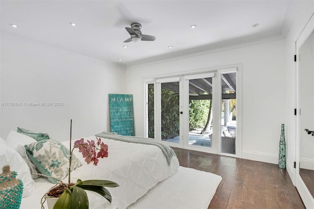 1161 Sunset Dr, Coral Gables, FL 33143 - bedroom with access to exterior, wood-type flooring, baseboards, ornamental molding, and recessed lighting