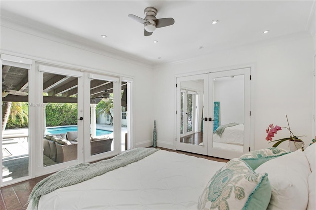 1161 Sunset Dr, Coral Gables, FL 33143 - bedroom with french doors, access to exterior, wood finished floors, ornamental molding, and recessed lighting