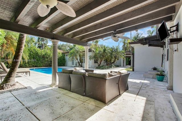 1161 Sunset Dr, Coral Gables, FL 33143 - view of patio / terrace with ceiling fan, an outdoor pool, and an outdoor hangout area