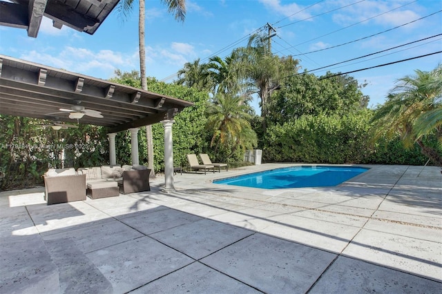 1161 Sunset Dr, Coral Gables, FL 33143 - outdoor pool featuring a patio area, ceiling fan, and an outdoor hangout area