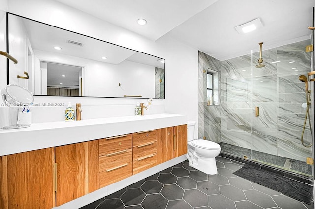 3501 Keyser Ave Unit 43, Hollywood, FL 33021 - bathroom featuring tile patterned flooring, vanity, toilet, a marble finish shower, and recessed lighting
