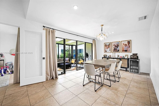 3501 Keyser Ave Unit 43, Hollywood, FL 33021 - dining room with visible vents, beverage cooler, recessed lighting, a chandelier, and light tile patterned floors