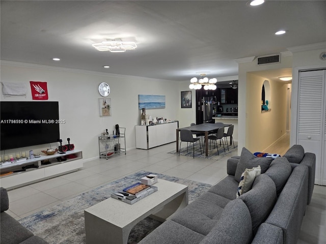 295 Jacaranda Dr Unit 20, Plantation, FL 33324 - living room with crown molding, a chandelier, visible vents, and recessed lighting