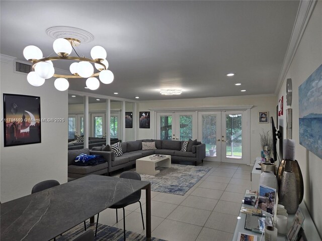 295 Jacaranda Dr Unit 20, Plantation, FL 33324 - living room with french doors, a notable chandelier, ornamental molding, recessed lighting, and light tile patterned flooring