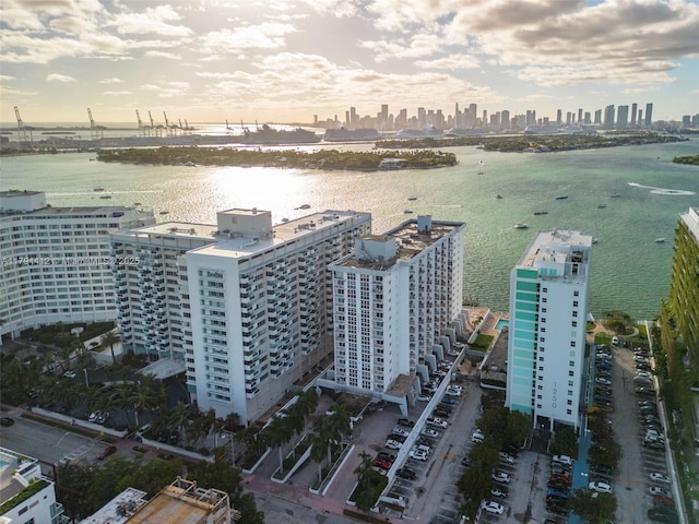 drone / aerial view with a water view and a city view