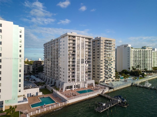 view of property featuring a view of city and a water view