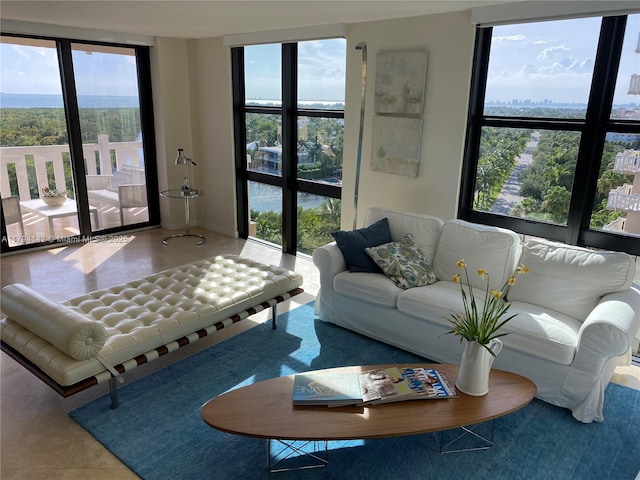 living room with tile patterned floors
