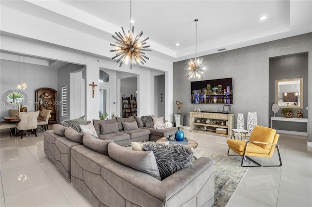 5202 S Sterling Ranch Cir, Davie, FL 33314 - living room featuring recessed lighting, a raised ceiling, and a chandelier