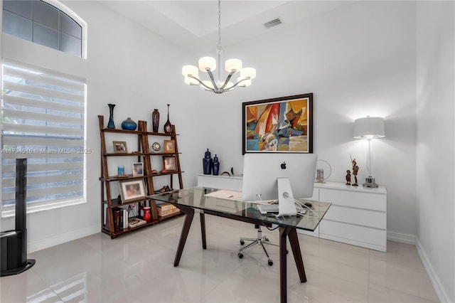 5202 S Sterling Ranch Cir, Davie, FL 33314 - office with visible vents, baseboards, light tile patterned floors, and a notable chandelier