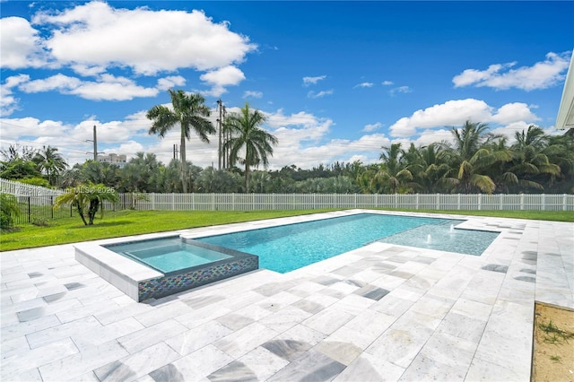5202 S Sterling Ranch Cir, Davie, FL 33314 - view of swimming pool featuring a fenced backyard, a patio area, a pool with connected hot tub, and a yard