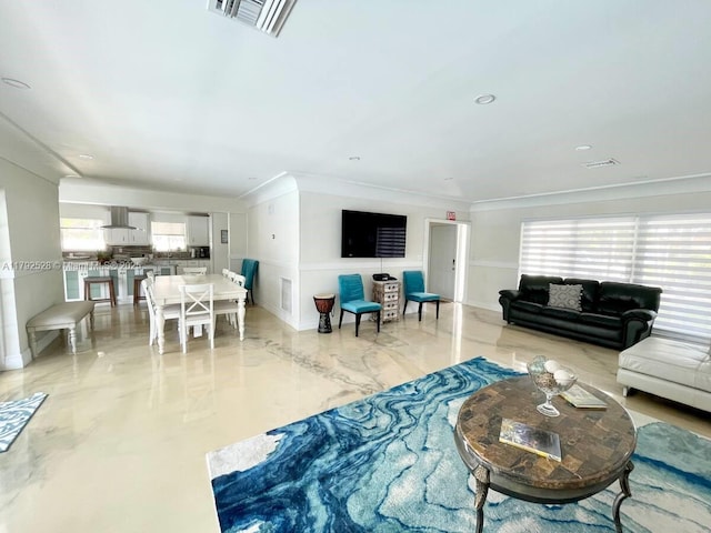 416 N Rainbow Dr, Hollywood, FL 33021 - living area featuring crown molding and light marble finish floors