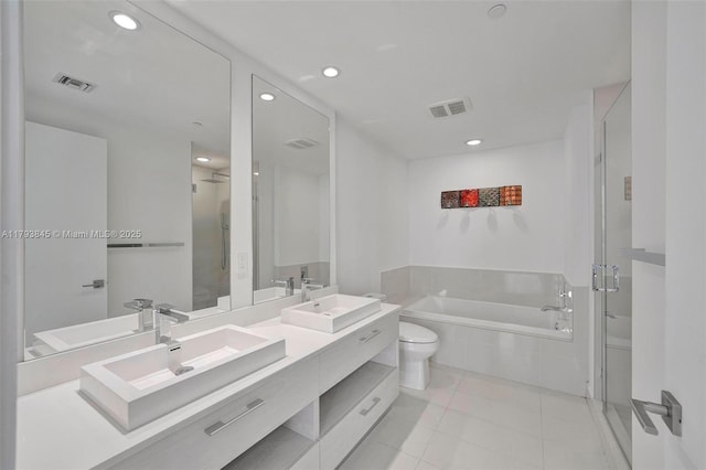 full bathroom with visible vents, recessed lighting, a bath, tile patterned floors, and a shower stall