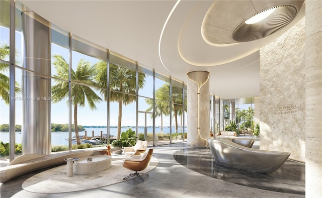 community lobby with a water view