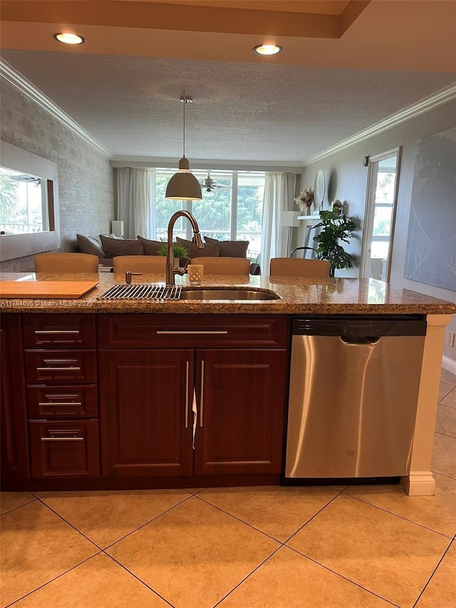 kitchen with crown molding, dishwasher, light tile patterned floors, a sink, and a wealth of natural light
