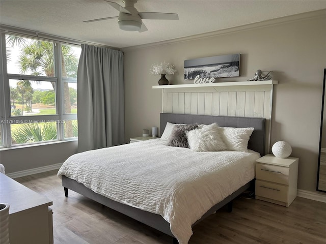 bedroom featuring baseboards, crown molding, wood finished floors, and multiple windows