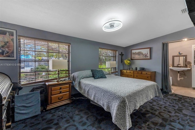 9341 Marine Dr, Cutler Bay, FL 33189 - bedroom featuring visible vents, dark colored carpet, and lofted ceiling