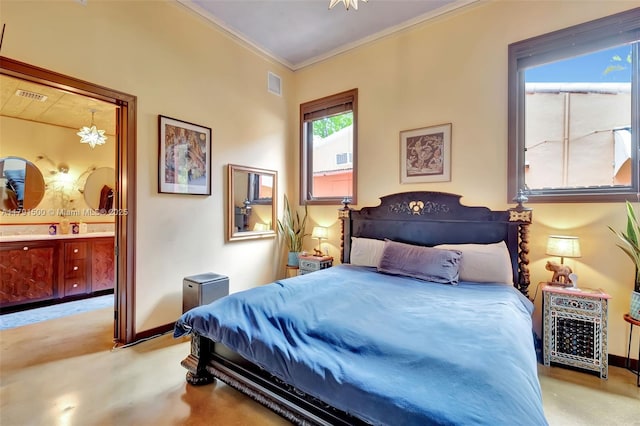 bedroom featuring connected bathroom, baseboards, visible vents, and ornamental molding