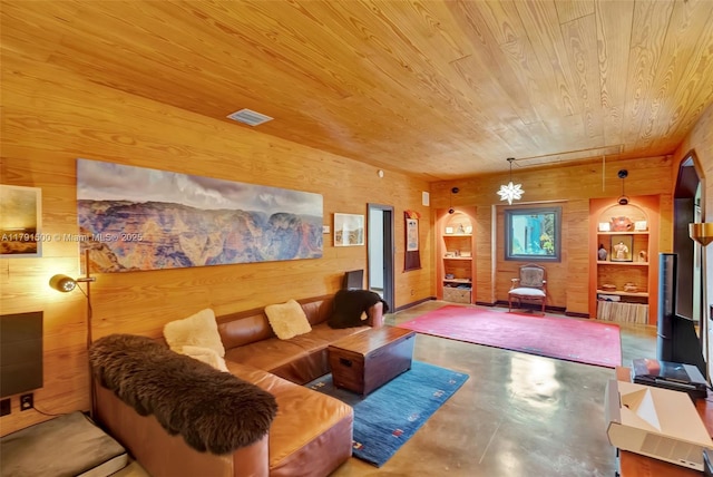 2760 Kirk St, Coconut Grove, FL 33133 - living area featuring wood ceiling, wood walls, concrete floors, and visible vents