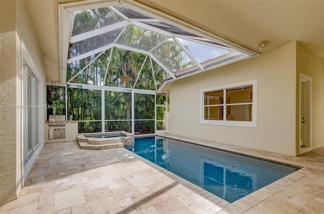 4 Mccairn Ct, Palm Beach Gardens, FL 33418 - view of swimming pool featuring a lanai, a patio, a pool with connected hot tub, and area for grilling