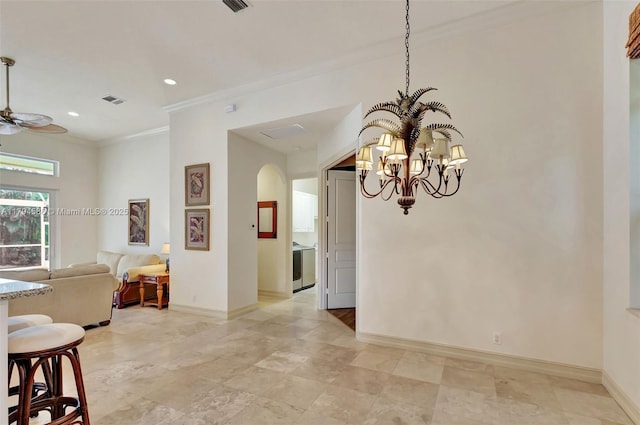 4 Mccairn Ct, Palm Beach Gardens, FL 33418 - hallway with a notable chandelier, arched walkways, baseboards, visible vents, and ornamental molding