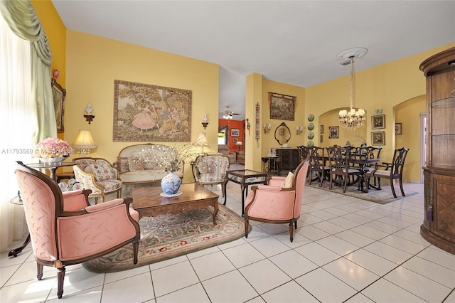 13230 NW 10th St, Miami, FL 33182 - living room with arched walkways, tile patterned floors, and a chandelier