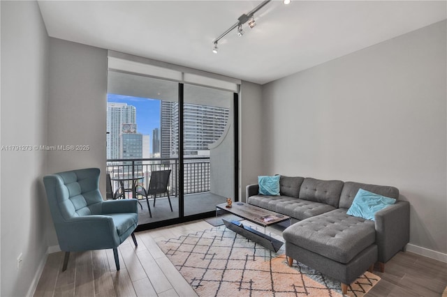 living room with light wood-style floors, a view of city, baseboards, and track lighting