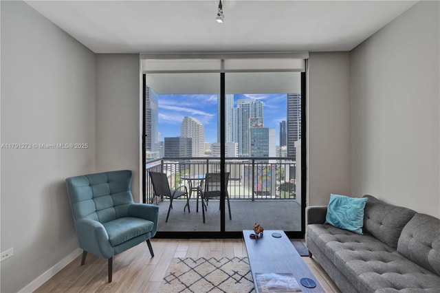 living room featuring baseboards, a city view, light wood-style flooring, and floor to ceiling windows