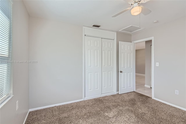6437 Custer St, Hollywood, FL 33024 - unfurnished bedroom with a ceiling fan, visible vents, baseboards, a closet, and light carpet
