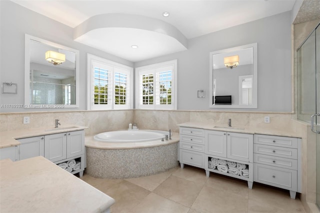 730 Santurce Ave, Coral Gables, FL 33143 - bathroom with a sink, a stall shower, and two vanities