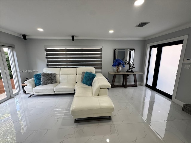 living room featuring visible vents, recessed lighting, marble finish floor, and ornamental molding