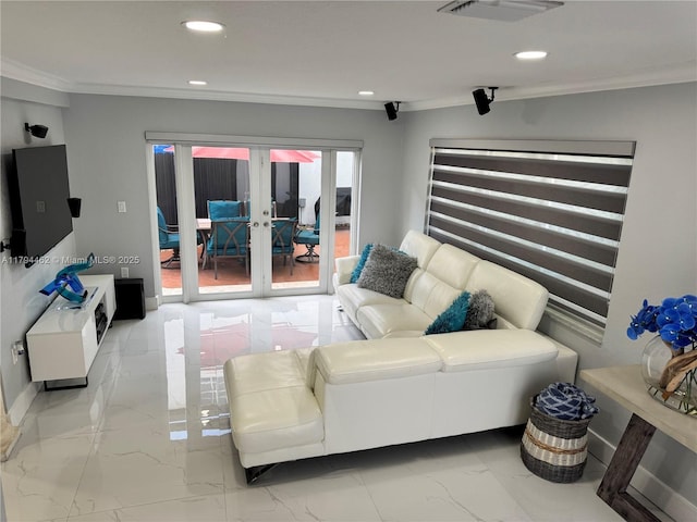 living area with french doors, marble finish floor, recessed lighting, visible vents, and ornamental molding