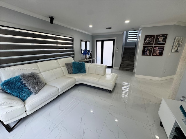 living room with crown molding, stairs, and marble finish floor