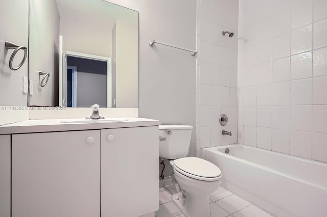 bathroom with toilet, shower / tub combination, tile patterned flooring, and vanity