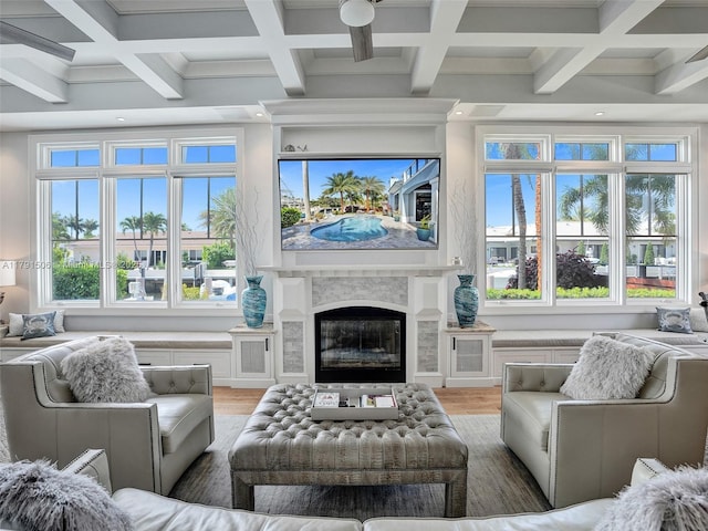 sunroom / solarium with coffered ceiling and beam ceiling