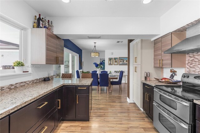 6690 Miramar Pkwy, Miramar, FL 33023 - kitchen with double oven range, light wood-style floors, light stone countertops, decorative light fixtures, and wall chimney range hood