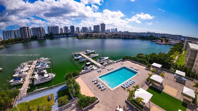 birds eye view of property featuring a city view and a water view