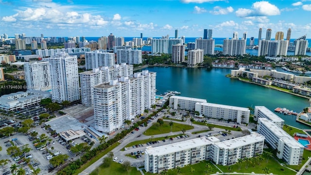 drone / aerial view with a city view and a water view