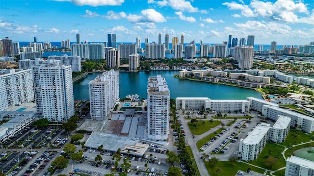 aerial view with a city view and a water view