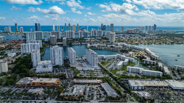 birds eye view of property with a water view and a city view