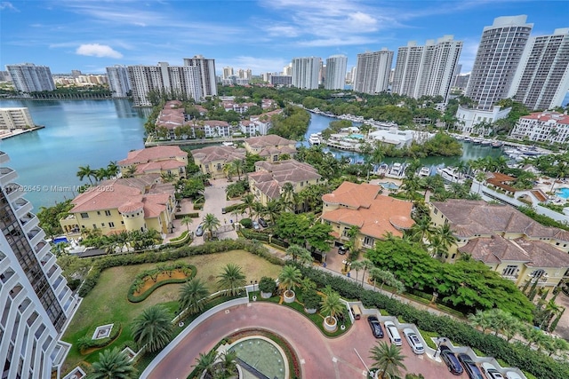 aerial view featuring a water view and a city view