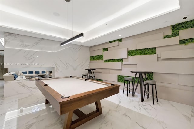 rec room with billiards and marble finish floor
