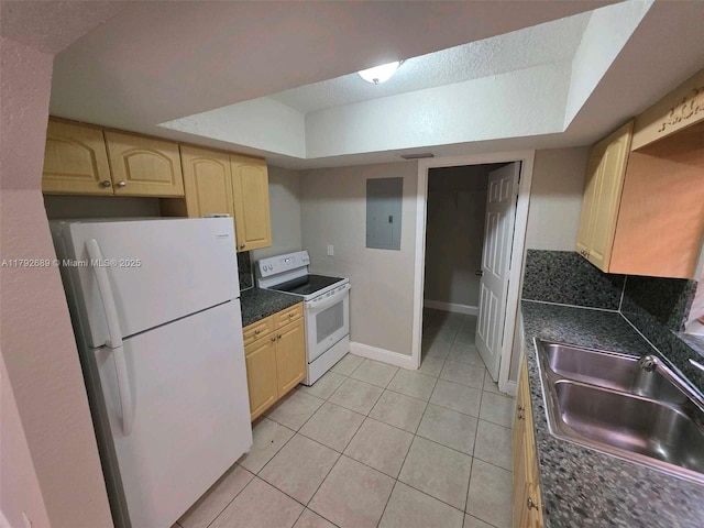kitchen featuring light brown cabinets, white appliances, electric panel, a tray ceiling, and a sink