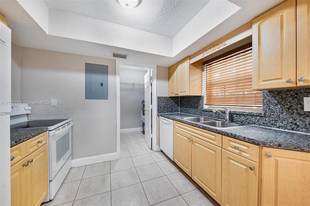 2821 N 74th Ave, Hollywood, FL 33024 - kitchen with white appliances, electric panel, a sink, dark countertops, and a textured ceiling